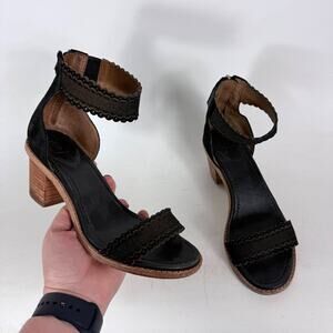 Frye Brielle Scallop Sandal Women's 6 Black Suede Back-Zip Open Toe Block Heel